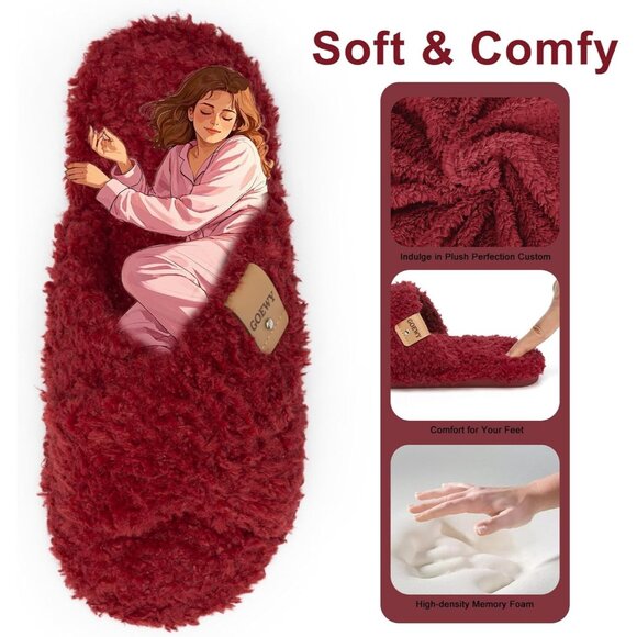 ⚡Women’s Wine Red Faux Fur Cozy Fuzzy Cross Band Slippers Indoor House Shoes - Picture 3 of 6